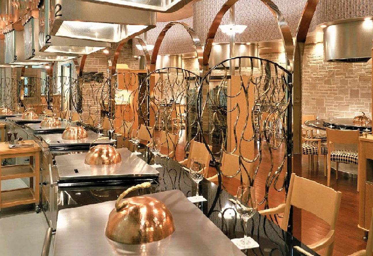 The shiny, glamorous interiors of Wagyu Teppanyaki Katsura, ready to welcome guests for teppanyaki.