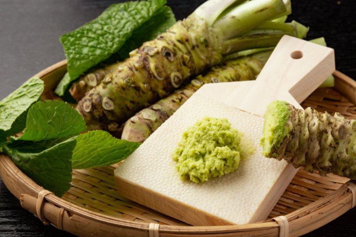 Real wasabi on a bamboo platter