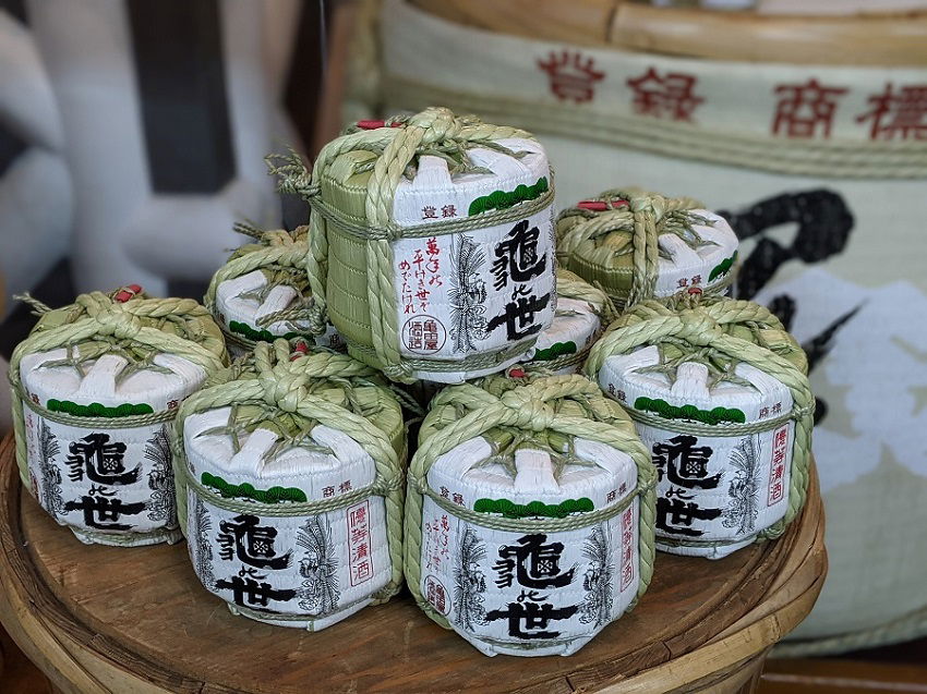 Barrels of sake, as you might see on this sake tasting and brewery tour in Matsumoto.