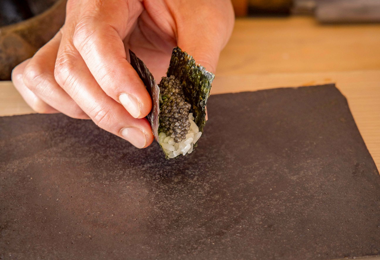 A unique serving of caviar-topped sushi at Sushi Gion Matsudaya.
