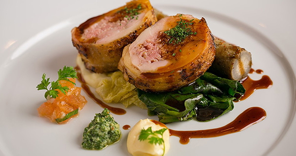 Gourmet chicken roulade with sauce on white plate