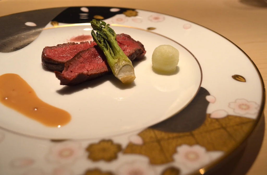 A delicate serving of wagyu beef at Ginza Hassen.