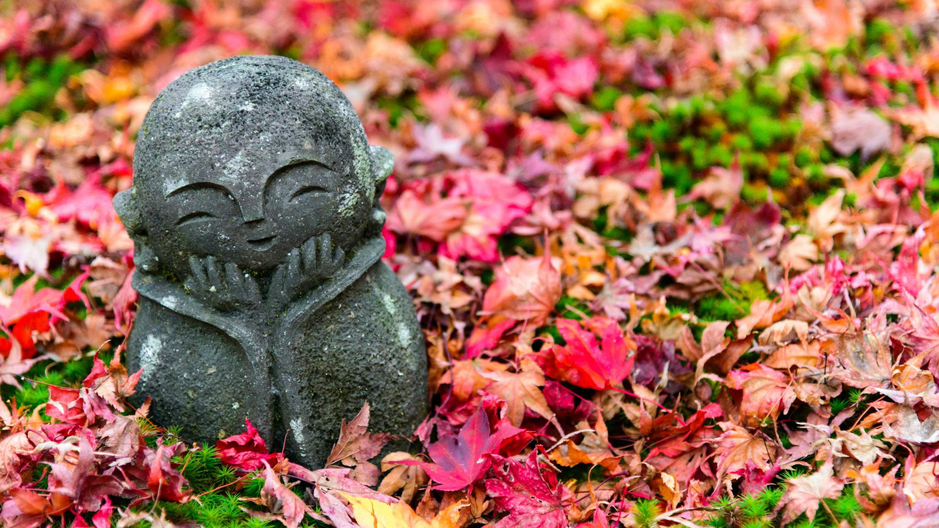Stone Buddha statue amidst colorful autumn leaves