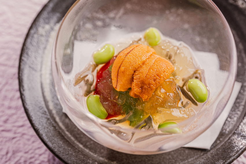 A unique small dish at Ginza Kuki, featuring a combination of edamame, uni sea urchin and more.