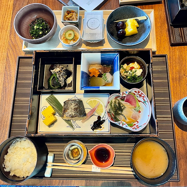 Elegant Japanese breakfast set with rice and soup