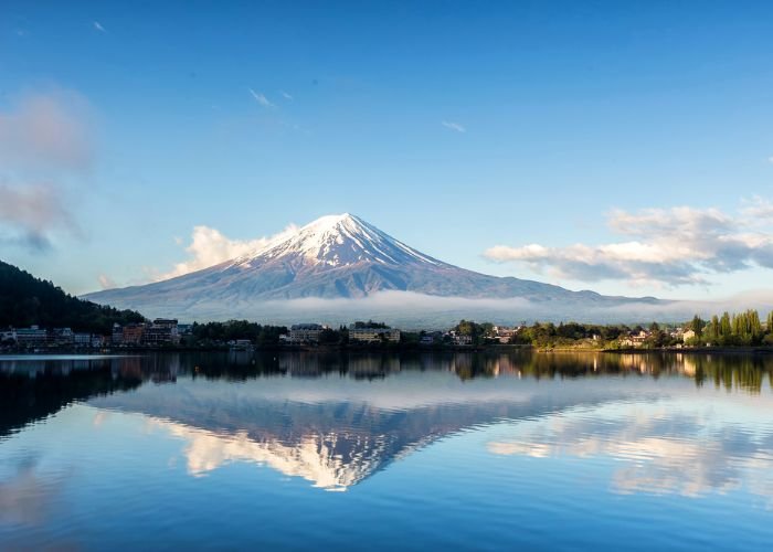 A photo of Mount Fuji taken by Lake Kawaguchiko in Yamanashi, Japan.