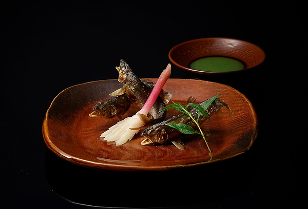 Elegant fish dish with decorative garnishes on brown ceramic plate