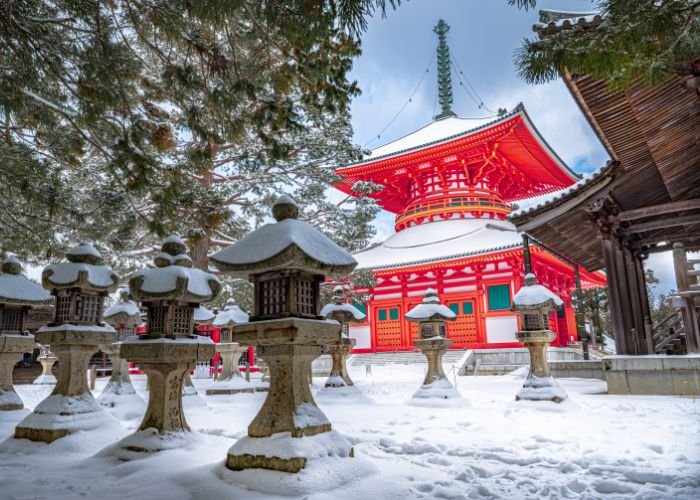 A Japanese shrine covered in snow