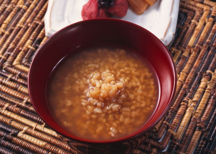 A bowl of chagayu, or tea rice porridge, originally from Nara Prefecture, Japan