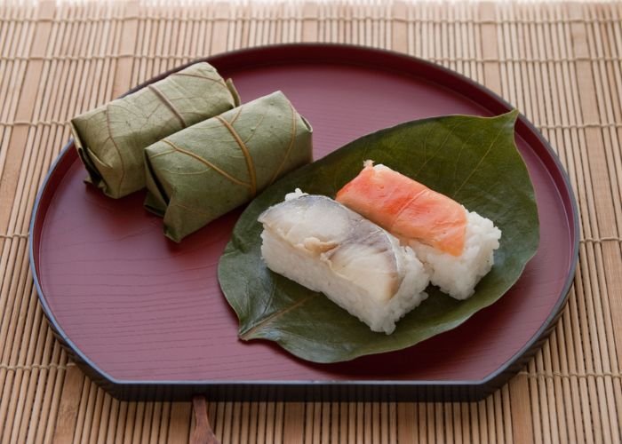 Pieces of kakinohazushi, a type of sushi from Nara Prefecture