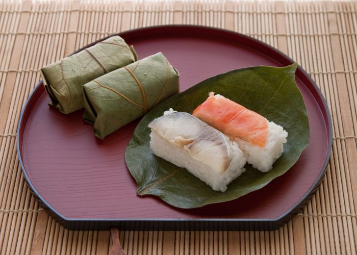 Pieces of kakinohazushi, a type of sushi from Nara Prefecture