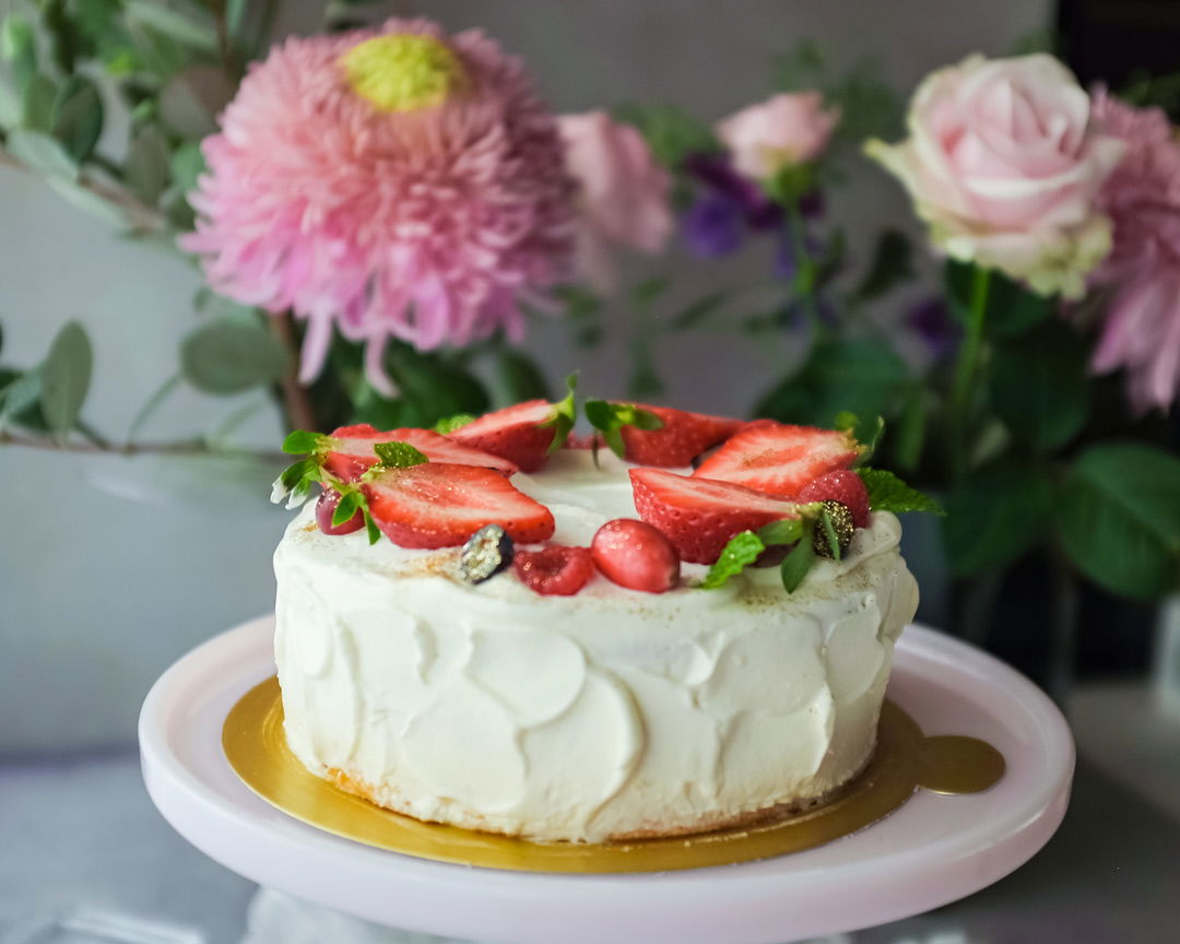 A Japanese strawberry shortcake topped with several different fruits