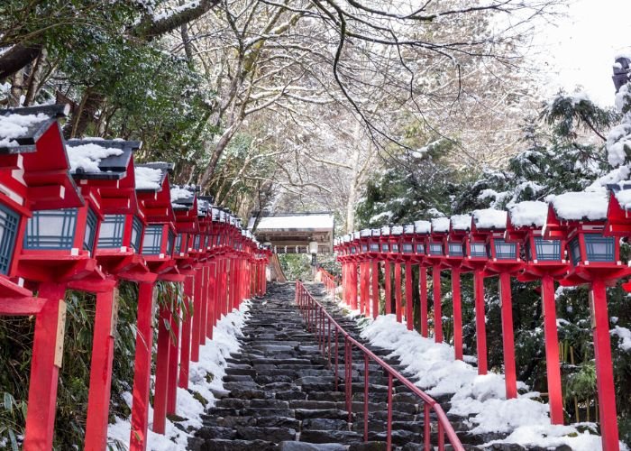 The steps up to Kifune Shrine in Kyoto during the winter