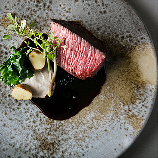 Gourmet steak dish with greens on a speckled plate