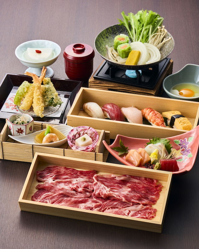 A selection of kaiseki and sukiyaki dishes at Ganko Kyoto Station.