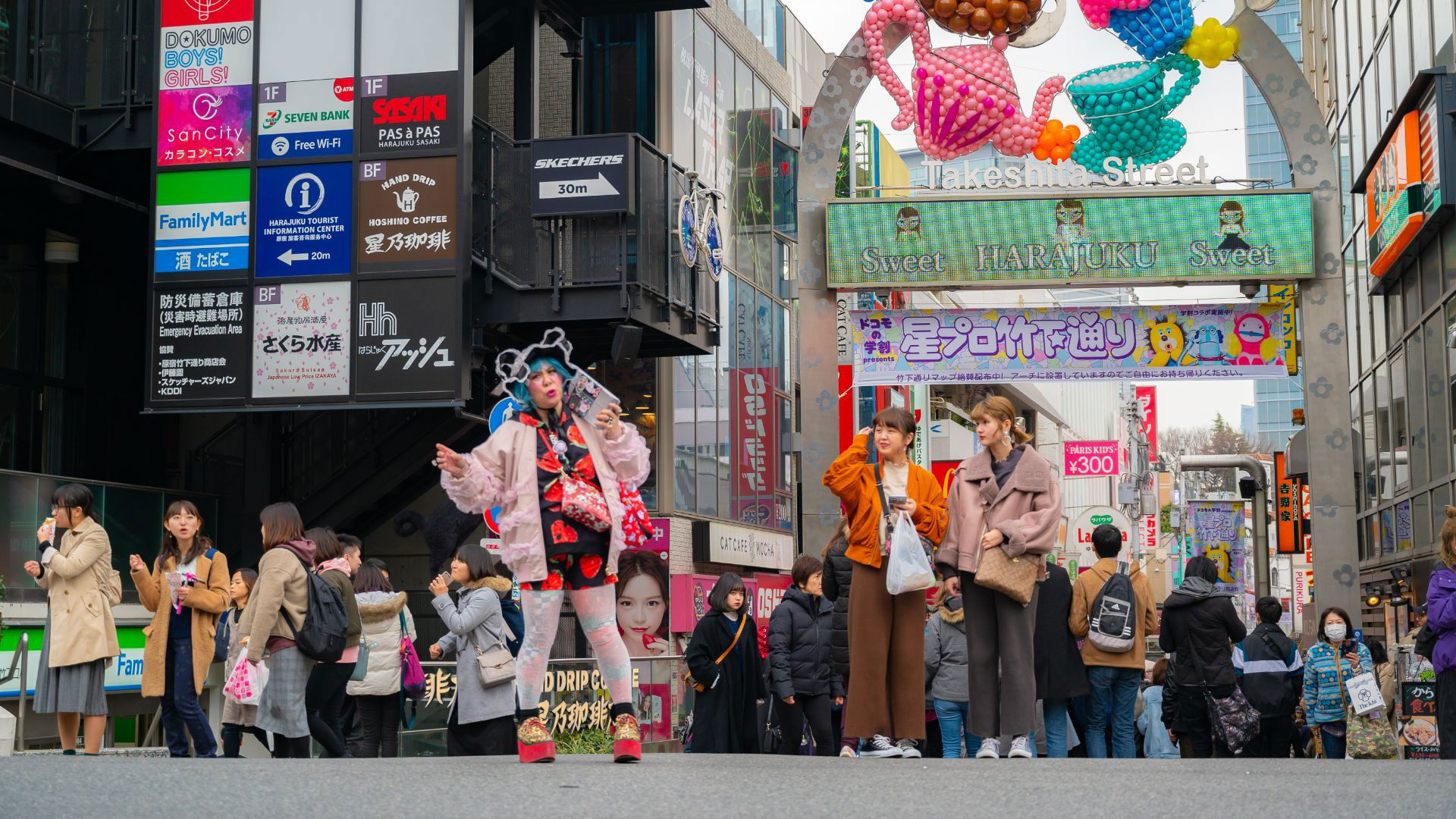 Colorful Harajuku street scene with unique fashion styles