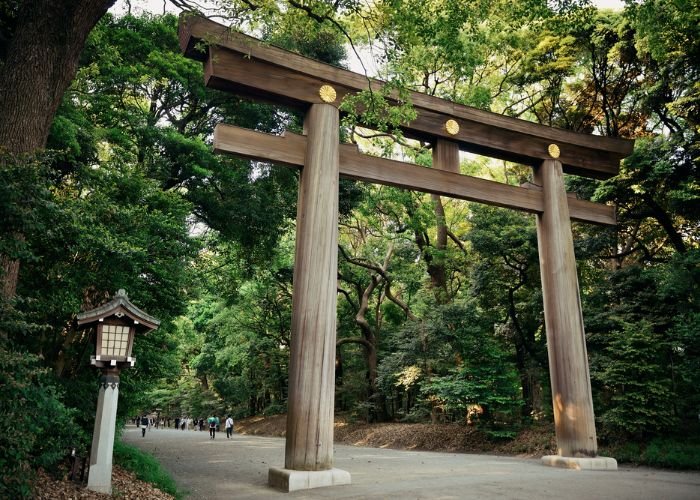 The main gate marking the entrance of Meiji-Jingu Shrine in Harajuku, Tokyo