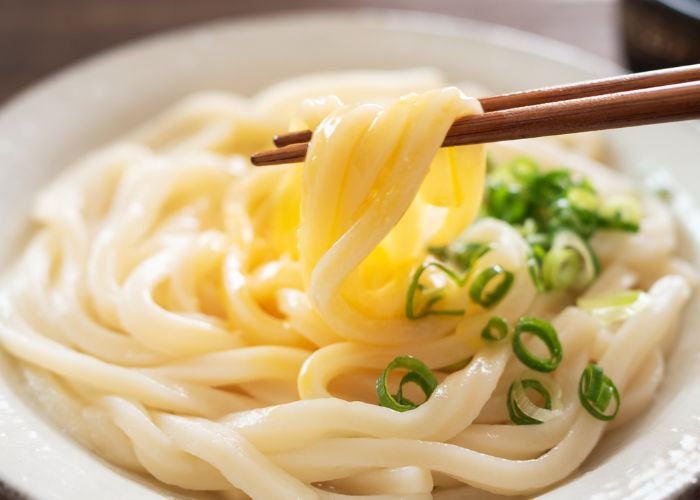 An up-close shot of udon noodles