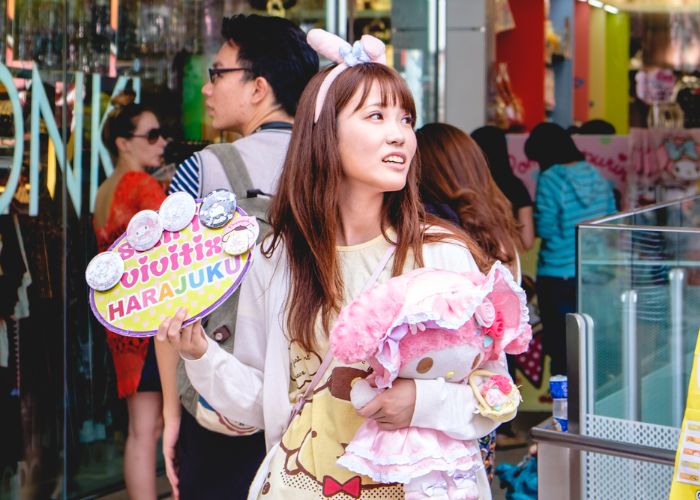 A girl dressed in kawaii clothes in Harajuku's Takeshita Street in Tokyo