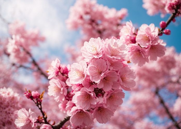 Blooming cherry blossoms set against a blue sky in Japan.