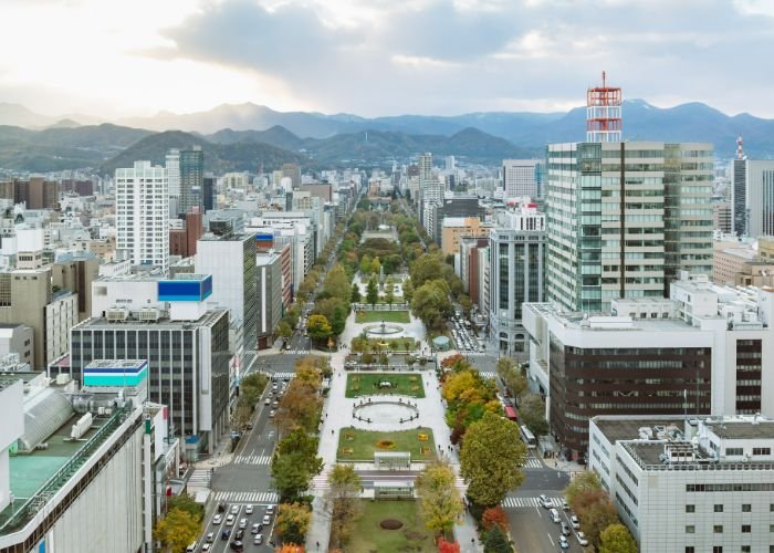 An aerial shot of Odori Park in Sapporo, cutting through the center of the city.