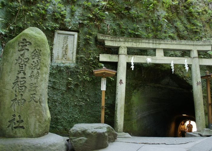 The moss-covered tunnel leading from the road and into Zeniarai Benten Shrine.