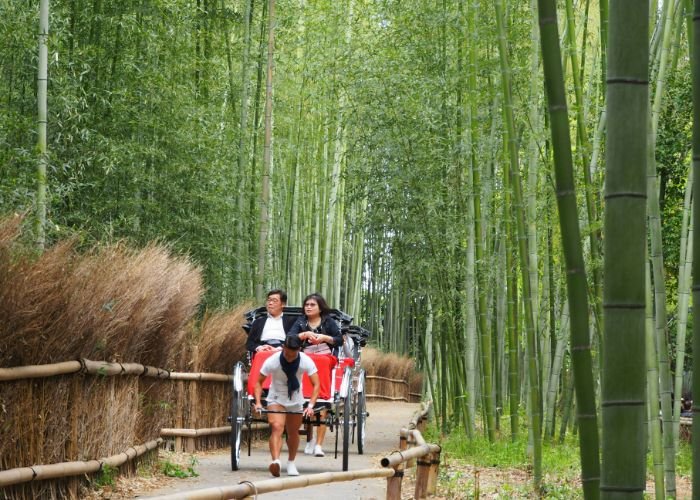 Two people are pulled through Arashiyama Bamboo Forest on a red rickshaw.