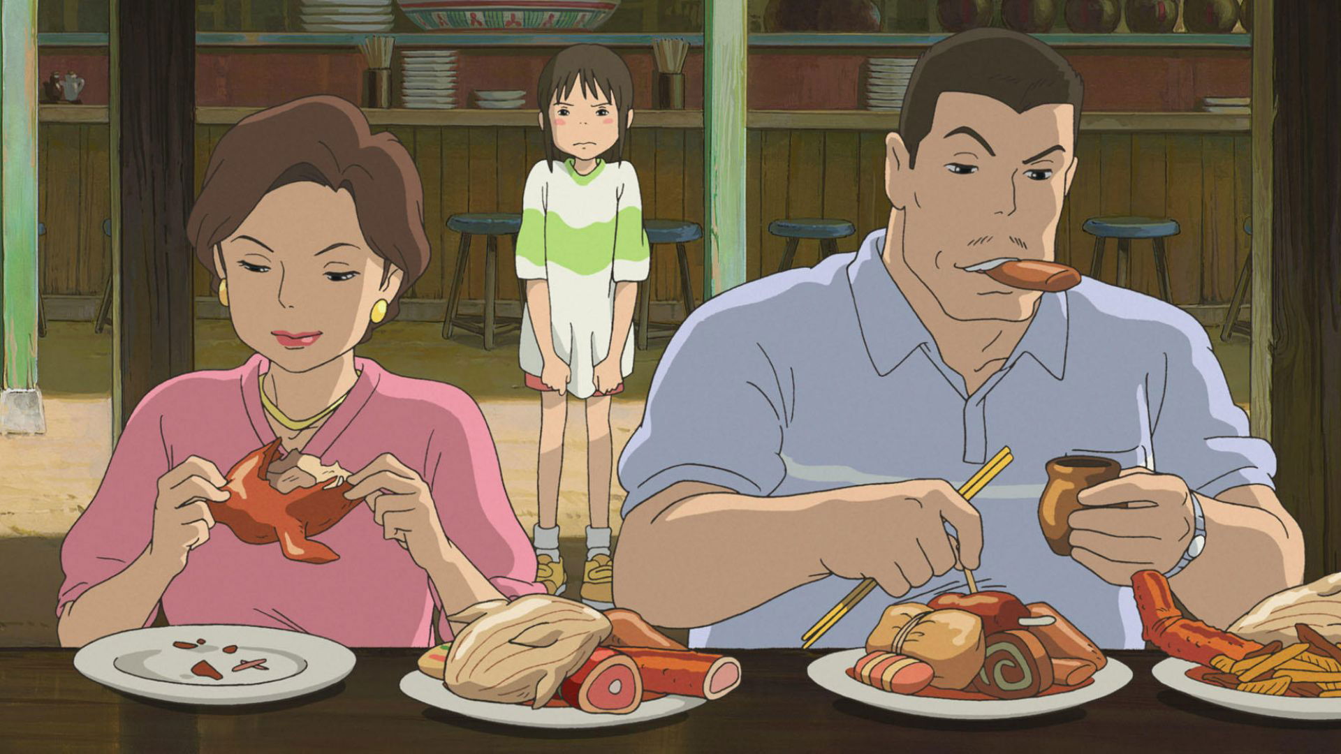 Family dining scene with animated characters enjoying a meal.