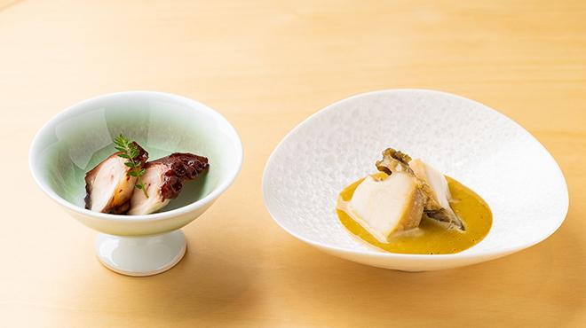 Two small, delicate servings at Sushi Mitsuyoshi.