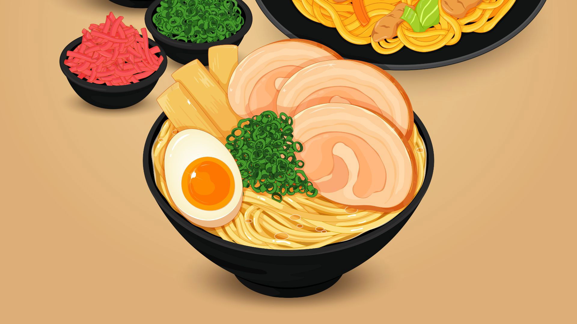 Delicious ramen bowl with eggs, pork, and bamboo shoots
