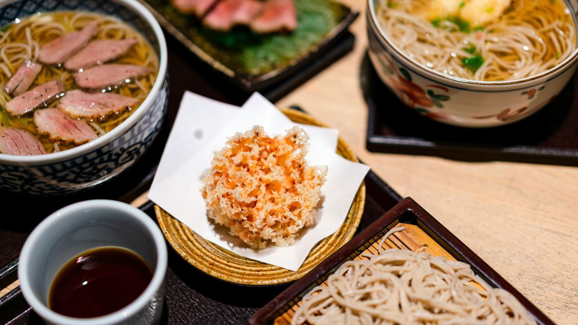 Japanese soba noodles with duck and tempura