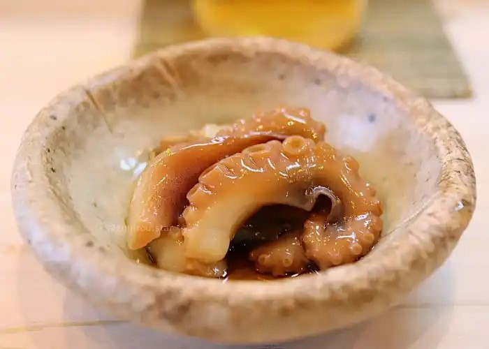 A dish of octopus served in an earthenware bowl at Matsuzushi.