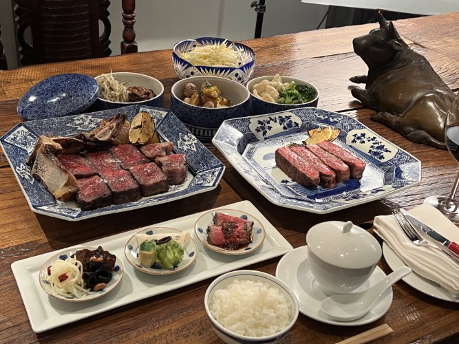 A table filled with wagyu and more at Blue Lily Steak House & Chinese Restaurant.