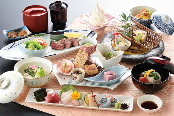 Elegant display of traditional Japanese cuisine with various dishes