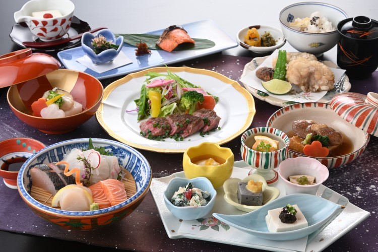 Exquisite Japanese course menu with diverse dishes elegantly arranged