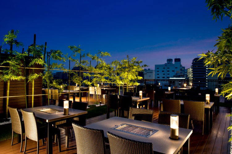 The enviable rooftop setting of Tendan Gion Honten in Kyoto.