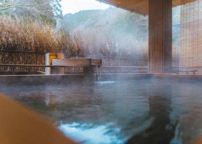 An outdoor onsen. Steam is floating off the surface, with grasses and mountains in the distance.