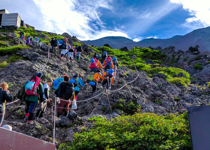 Hikers climbing Mt. Fuji in Japan