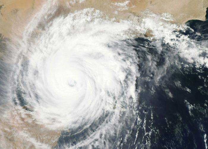 The appearance of a typhoon from space; a swirling mass of clouds.