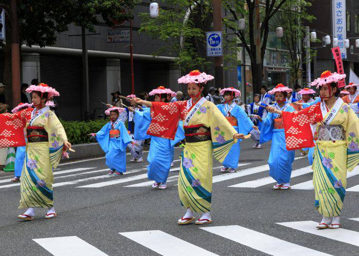 The colorful dancers of the Hakata Dontaku Festival in Fukuoka.