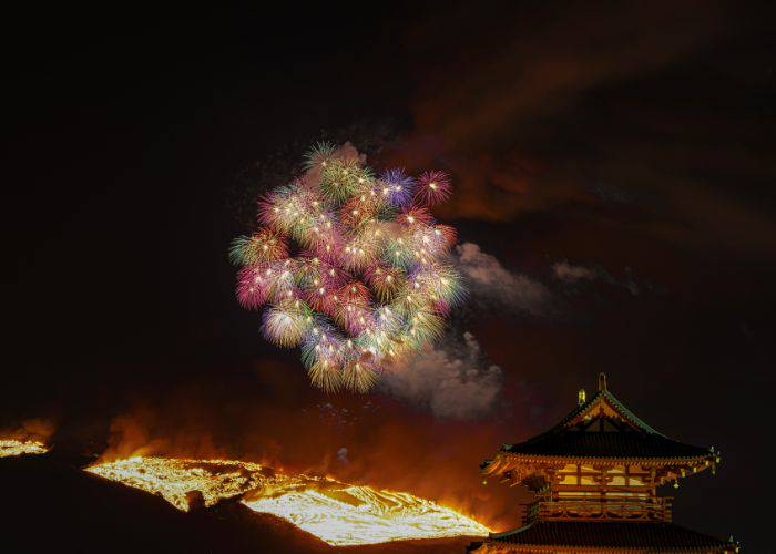 The iconic burning fields and fireworks of the Wakakusa festival in Nara.