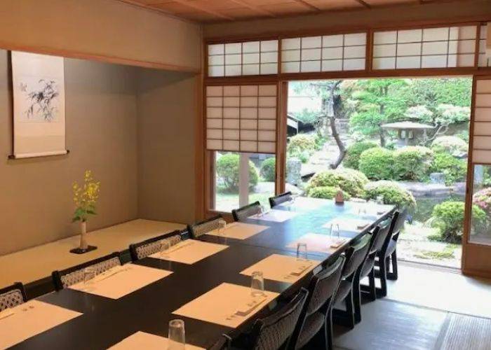 A traditional Japanese restaurant with a view of a peaceful Zen garden.