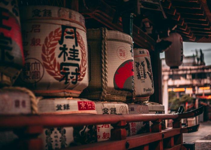 Ancient sake barrels in a Japanese temple 