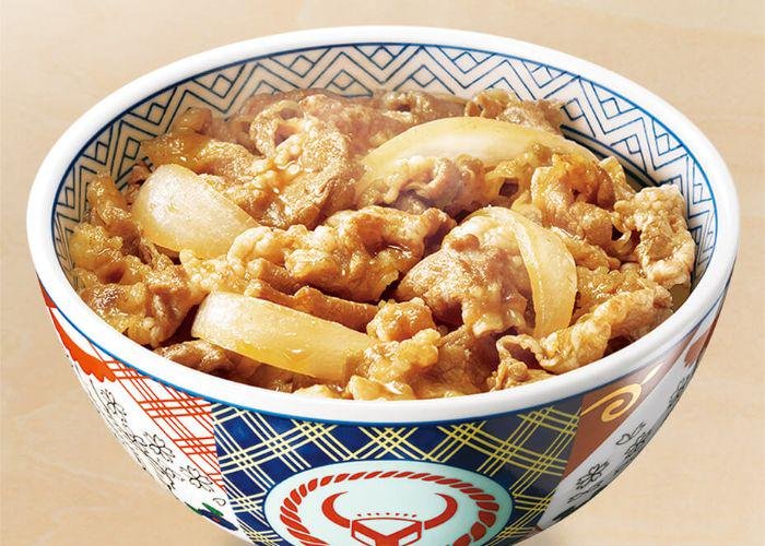 A colorful Japanese bowl of gyudon. Rice topped with simmered beef and onions