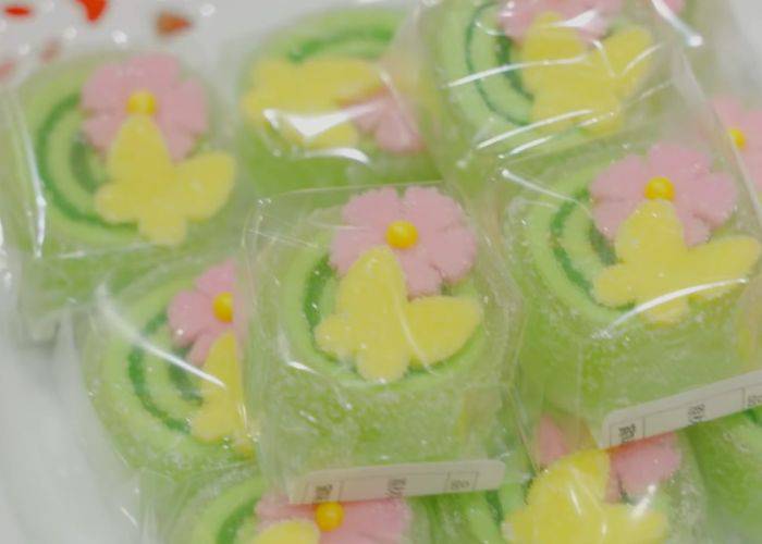 A jelly-like wagashi in Kyoto, designed with a butterfly and flower motif.