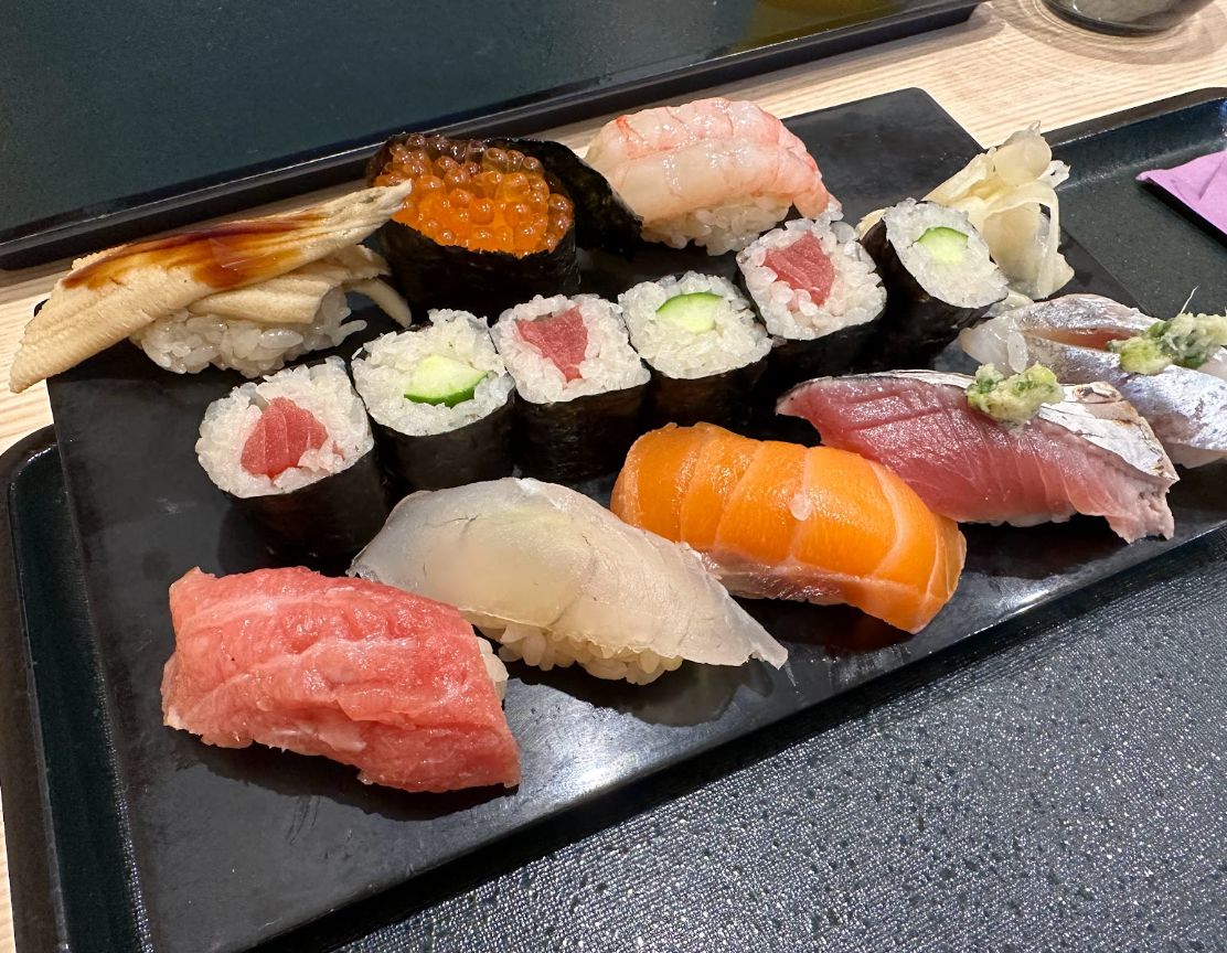 A selection of sushi varieties at Ryuzushi, including nigiri, maki and cod roe.