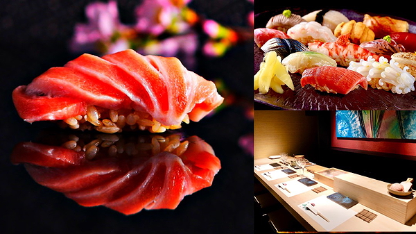 Assorted sushi platter with elegant restaurant setting