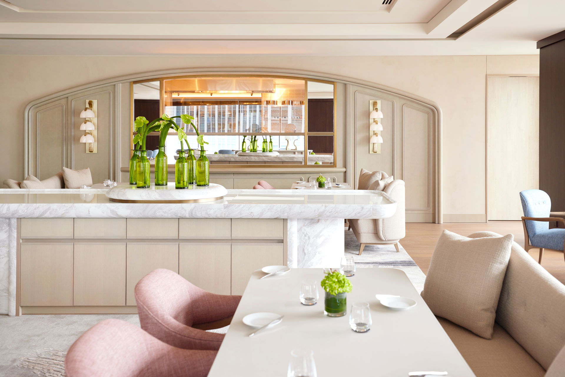 The marble-topped interiors of SEZANNE, the newly awarded restaurant with three Michelin Stars as of 2025.