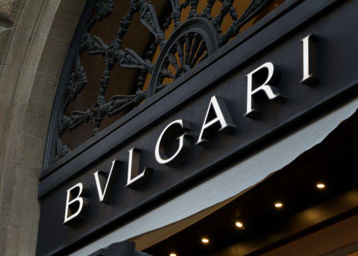 The entrance to the Bulgari, featuring the logo.