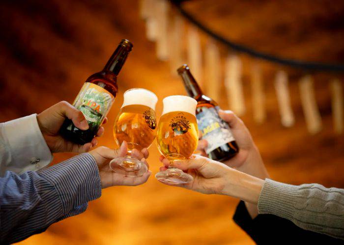 Four people toasting beers in a bar.